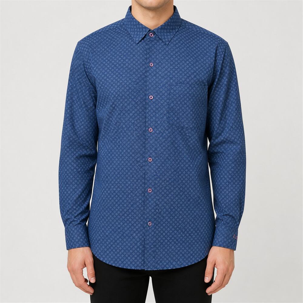 Zara Man Shirt Mens Medium Blue Cotton Long Sleeve Round Hem Classic Button-Up